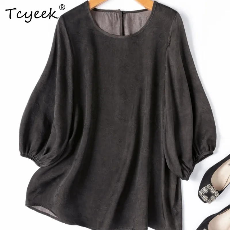 Tcyeek 100% Real Silk Womens Tops 20MM Silk Clothing for Ladies 2026 Summer Loose Breathable Lantern-sleeve Shirts Chemise Femme