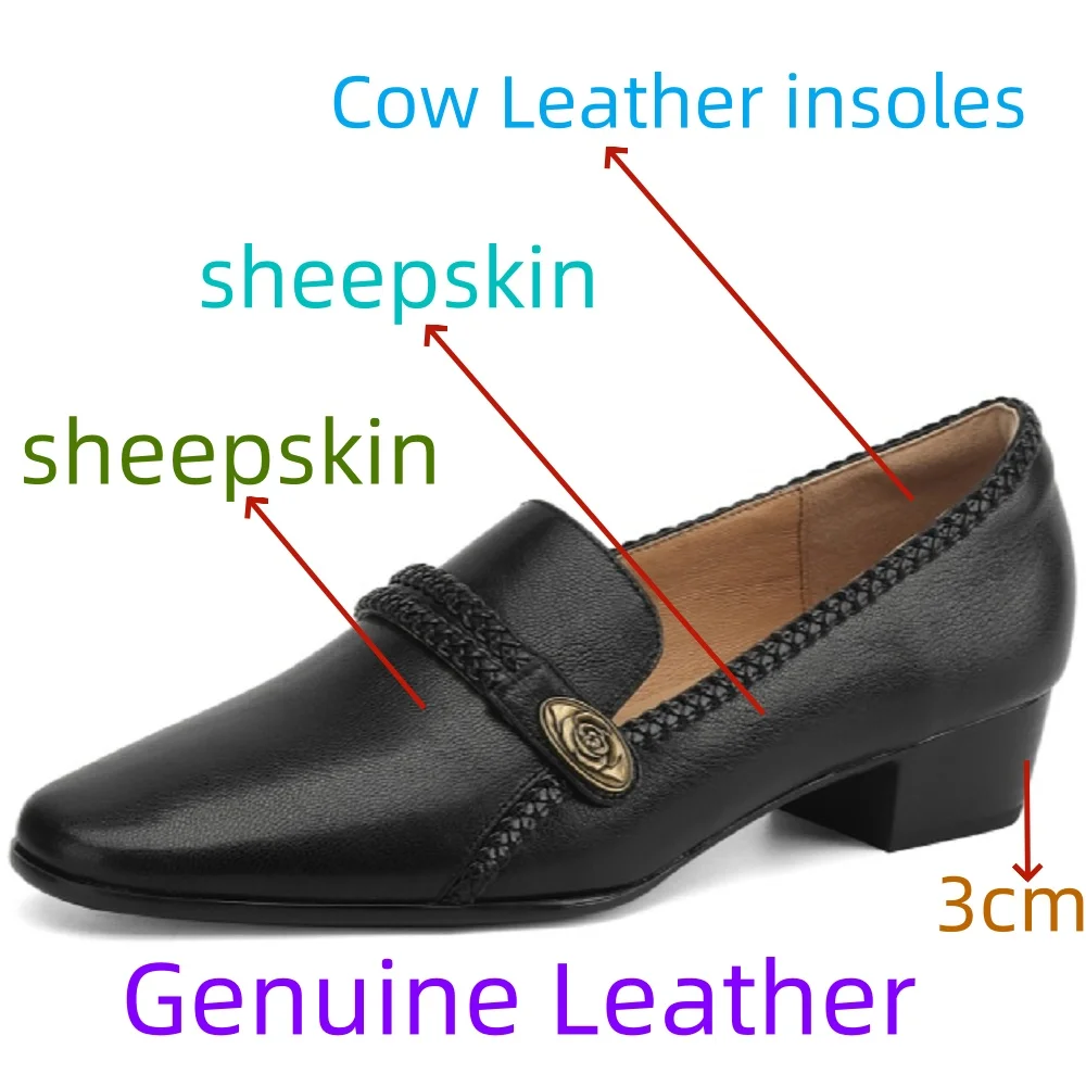 【JOCHEBED HU】Women Handmade Genuine Leather Mid  Heel Loafer Round Toe with Braided Detail Metal Decoration Classy Elegant 34-40