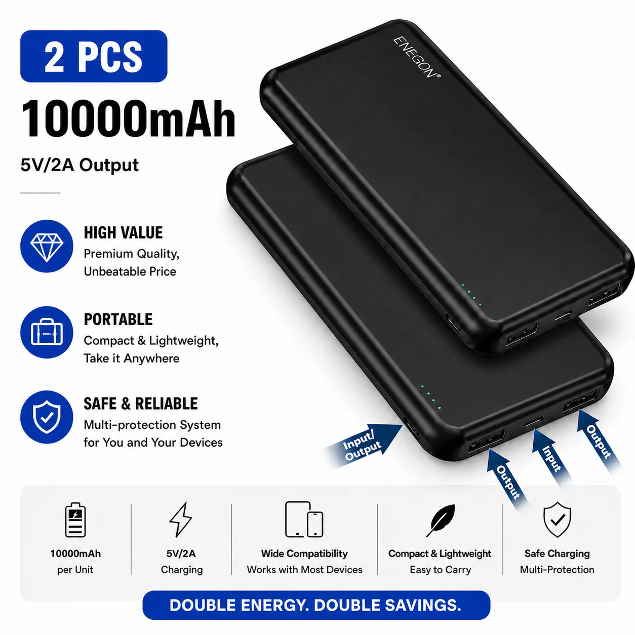 2er-Pack 10000mAh Powerbank, tragbare externe Batterie 5V/2,4A mit LED-Anzeige, kompaktes Telefonladegerät für iPhone, Android-Smartphones, Reisen und Camping