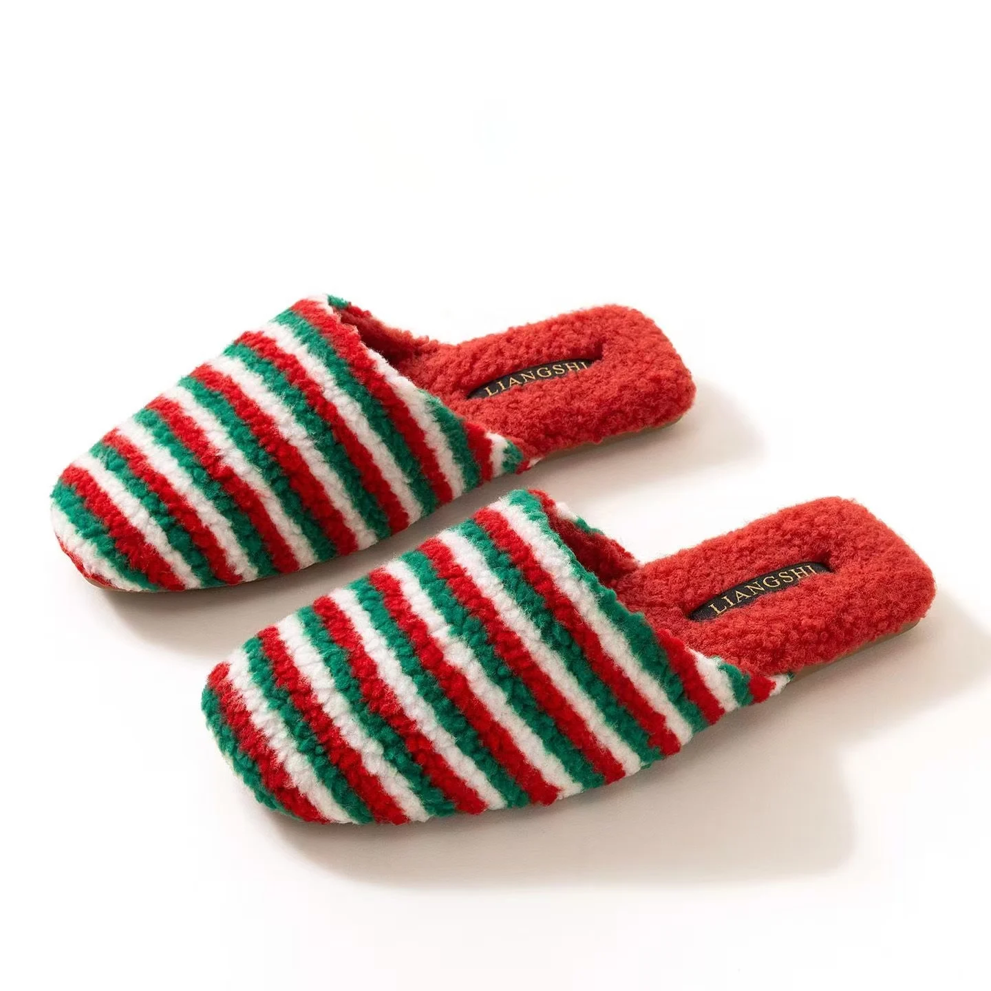 

Women Winter New Plush Baotou Cotton Slipper Soft Sole Non Slip Plush Keep Warm Striped Home Fluffy Slippers Floor Slippers
