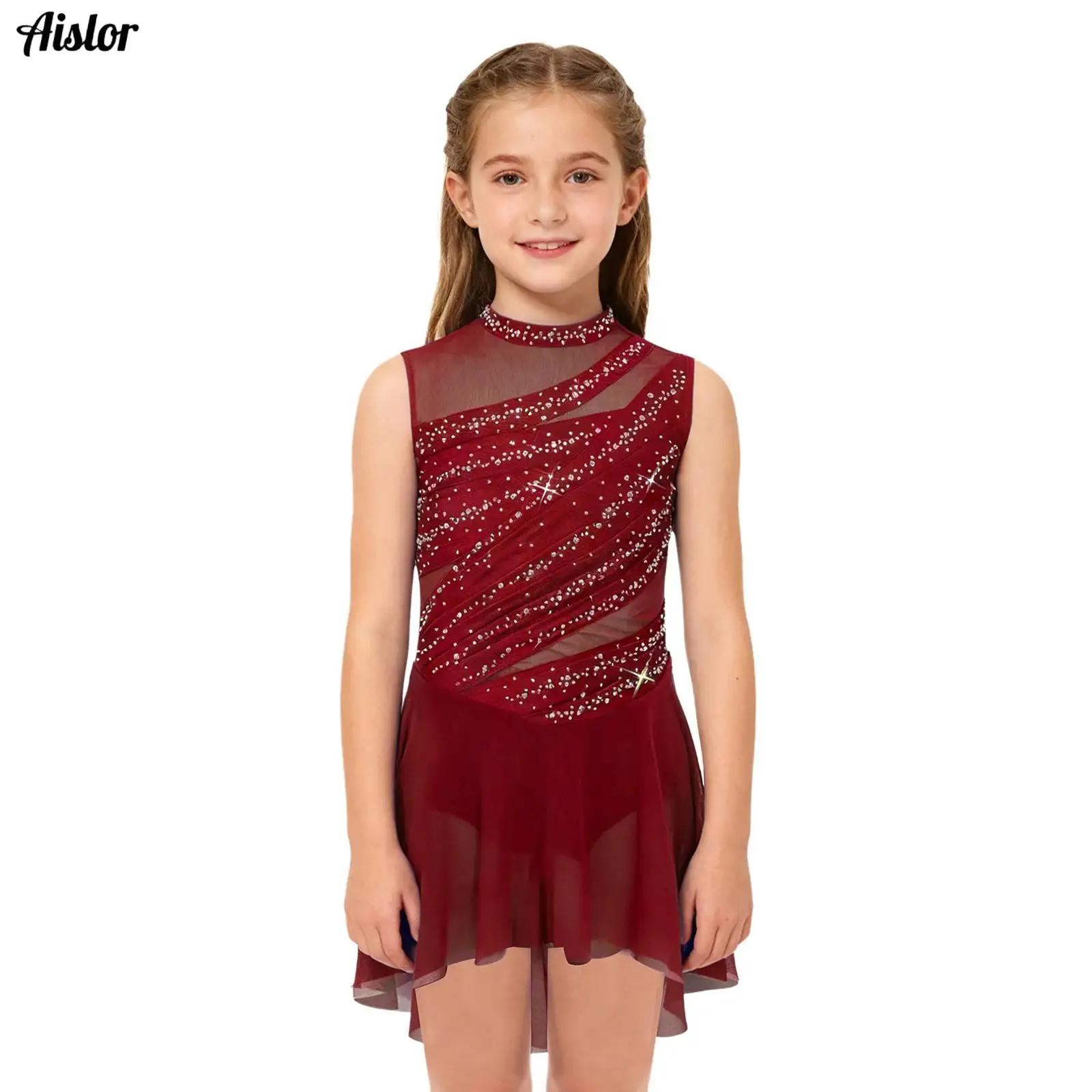 

Kids Girls Lyrical Dress Ballet Dance Dress Sleeveless Sheer Mesh Patchwork High-Low Hem Ruched Shiny Rhinestone Leotard Dress