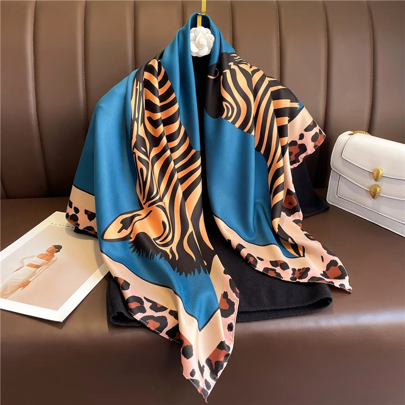 

90X90cm Women Design horse Print Square Headscarf Popular Scarves Model Headbands Silk Scarf Hijab Wraps Bandana Shawl Tie Bag