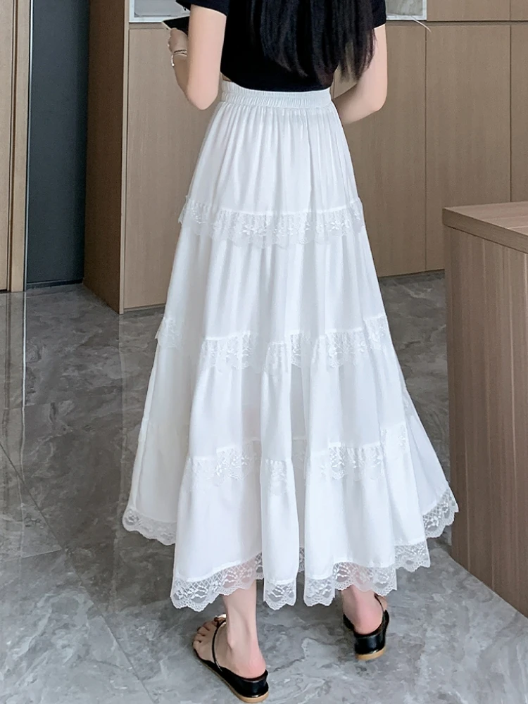 Midi Long Skirt Women White Skirt 2024 Mori Girl Style Sweet Crochet Lace Spring Summer High Waisted A-Line Pleated Skirts rok