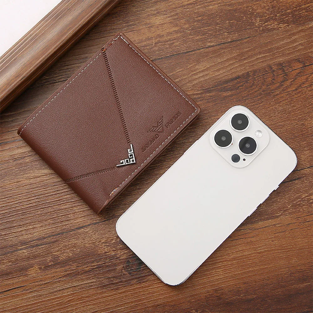 Lychee Texture PU Leather Men\'s Wallet Short Cash Purse Multi Card Slot Patchwork Card Holder Photo Holder Horizontal Money Clip