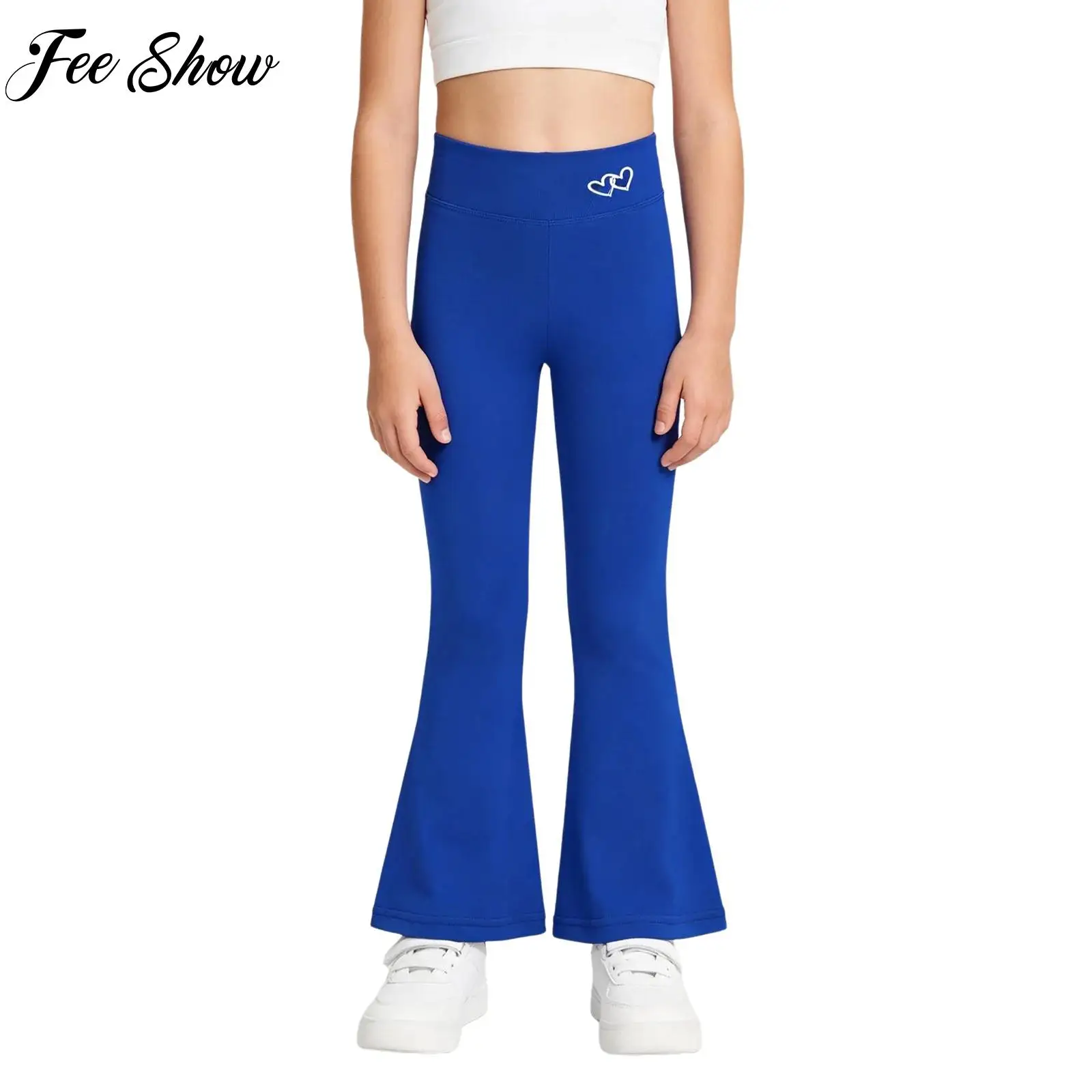 Kids Girls Heart Printed Flared Pants Gymnastics Clothes High-waist Quick-dry Stretchy Sports Leggings for Yoga Exercise Running