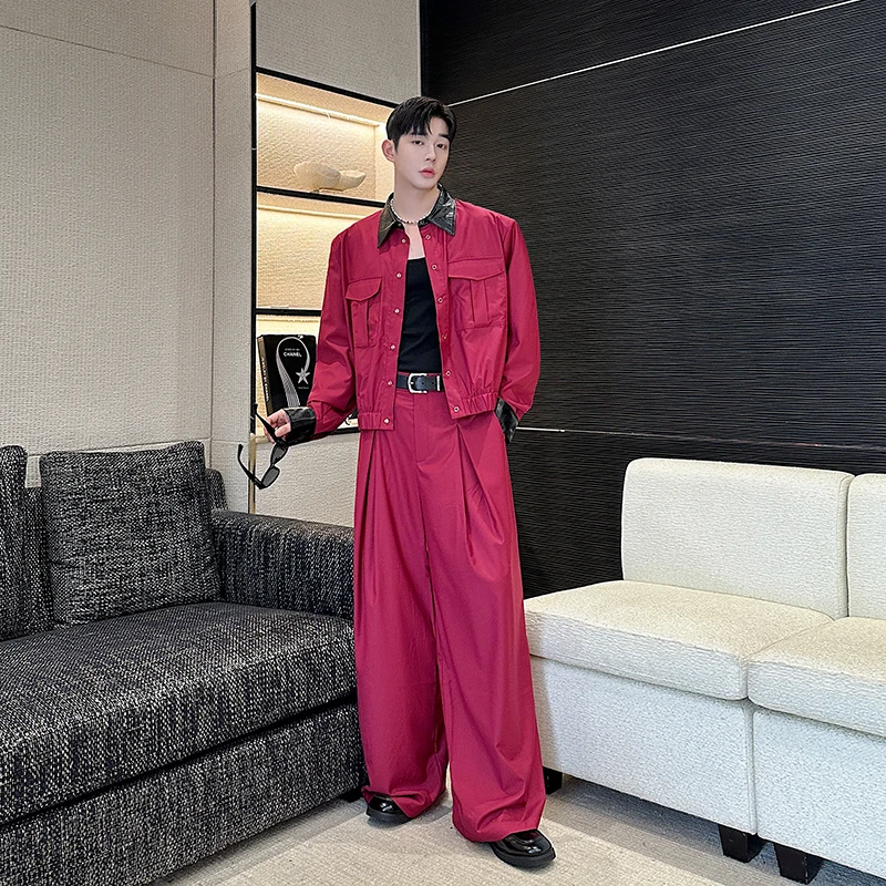 2025 Autumn Men Casual Two Piece Set Short Lapel cargo Jacket Large Pockets Snap Buttons Loose Straight Leg Pleated Waist Pants