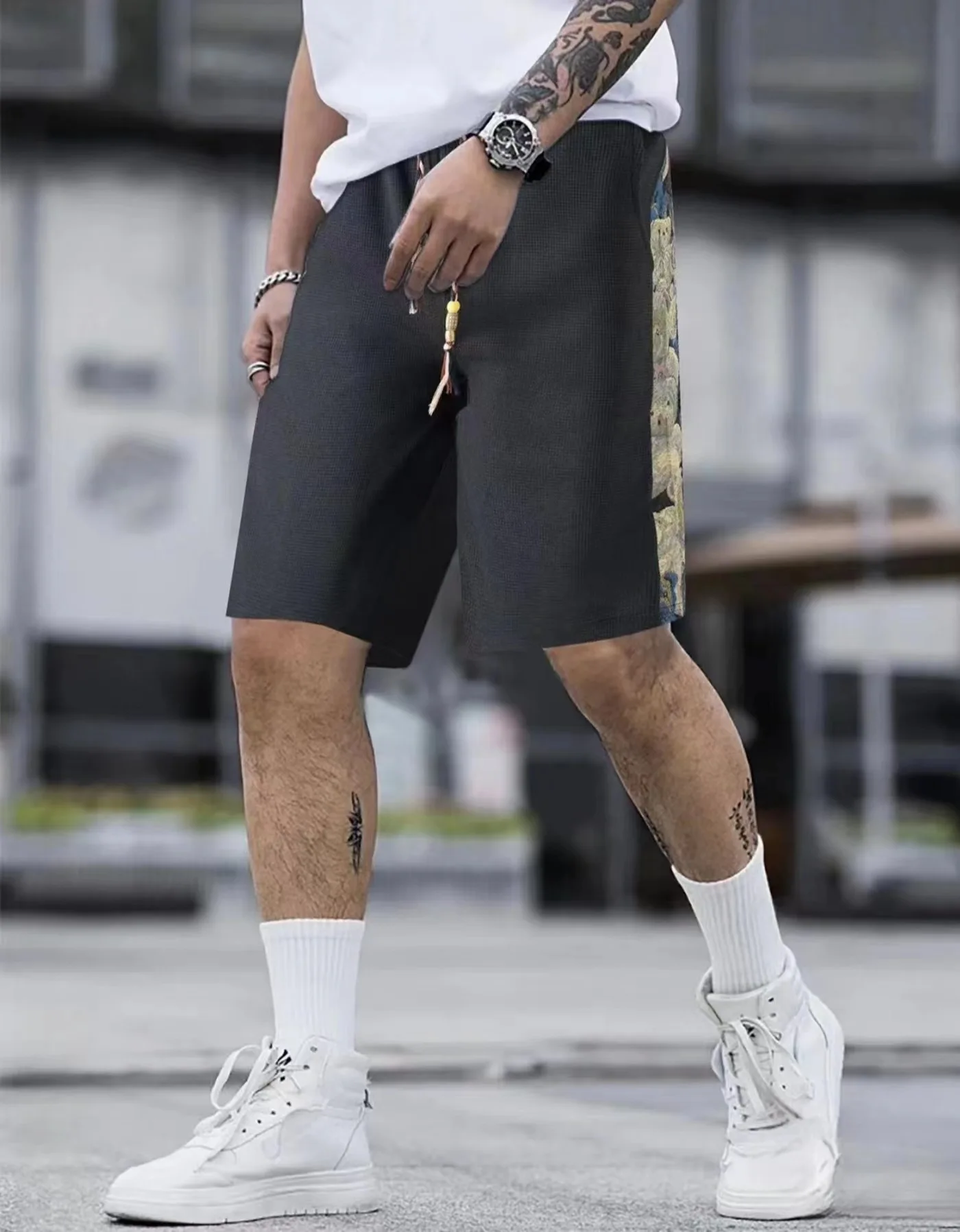 Global summer men's new jacquard quarter pants solid color striped Waffle sports fitness shorts