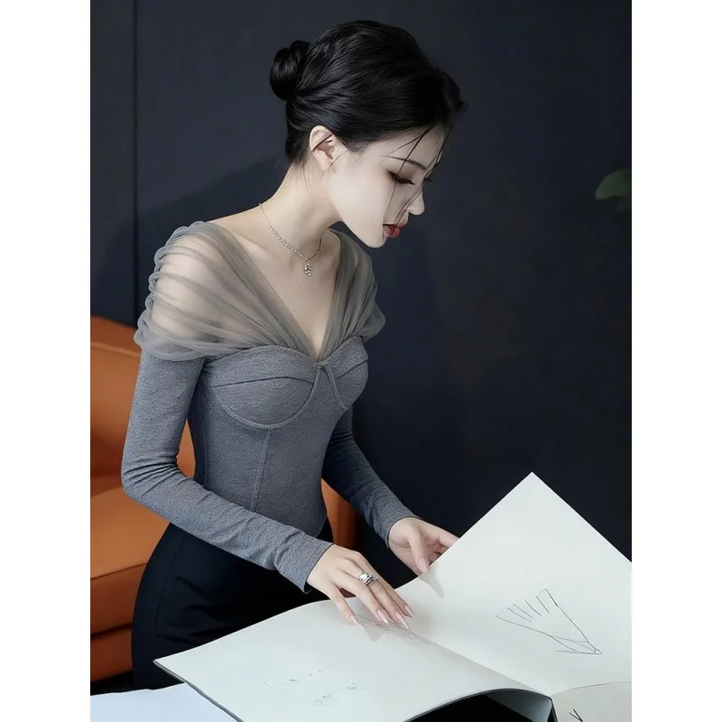 

Women's Off-Shoulder Mesh Panel Layering Top Sweet Sexy Slim Fit Design for Autumn Winter Unique Long Sleeve Base Layer Blouse