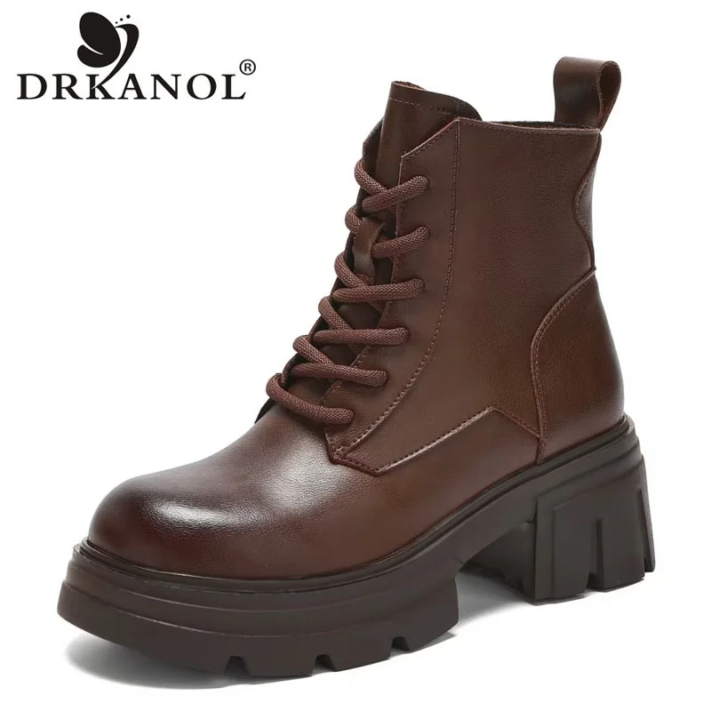 

DRKANOL/женские ботинки на высоком каблуке, качественные теплые ботильоны из воловьей кожи с круглым носком в британском стиле, осень-зима, на массивной платформе, на толстом каблуке