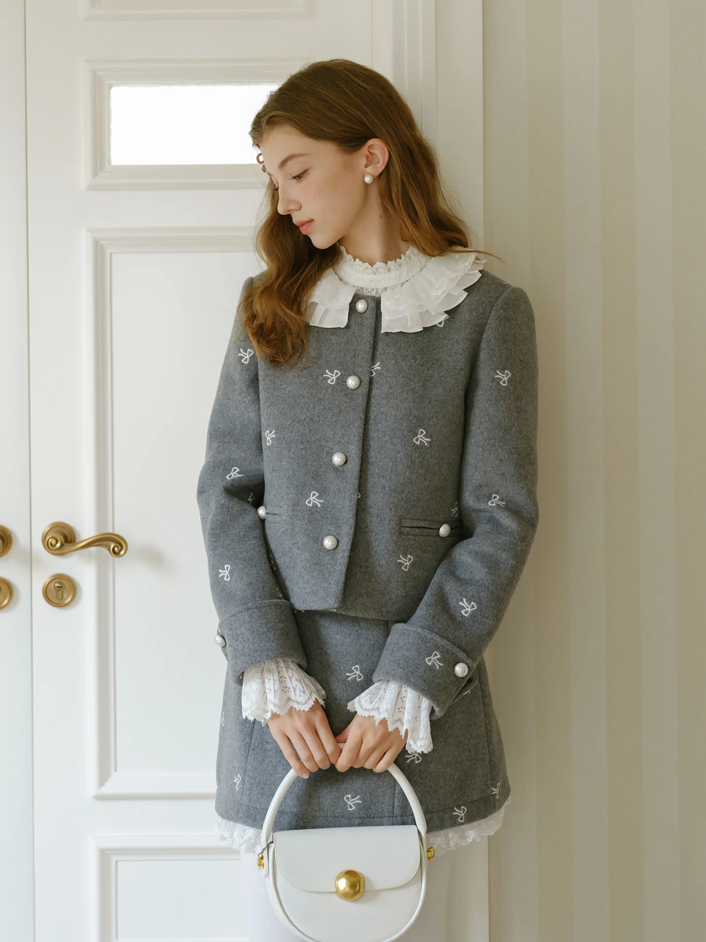 Grey Autumn Winter Set Detachable Lace Collar Woolen Jacket Short Top Half Skirt Women Style Comfortable Commute Fashion
