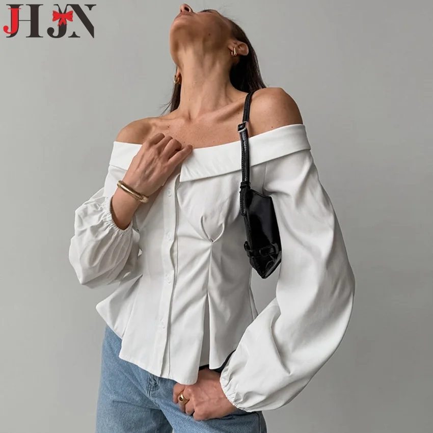 

JHJN элегантная женская блузка с воротником-лодочкой, рубашка с открытыми плечами, облегающая талия, приталенная рубашка, однобортные рубашки, шикарный сексуальный топ