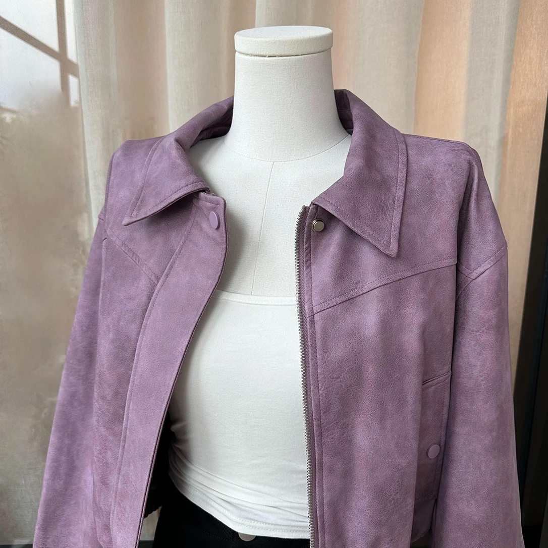 Women's Chic Autumn Winter Streetwear Long Sleeve Pu Leather Jacket Lady Zipper Turn Down Collar Loose Faux Leather Outwear Top