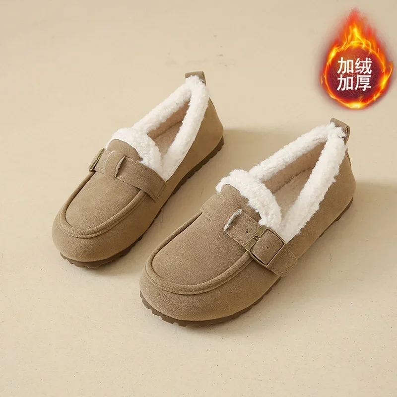 Fashion Winter Women's Suede Moccasins Shoes Fur Lined Ladies House Loafers Indoor Outdoor Slip On Work Warm Slippers