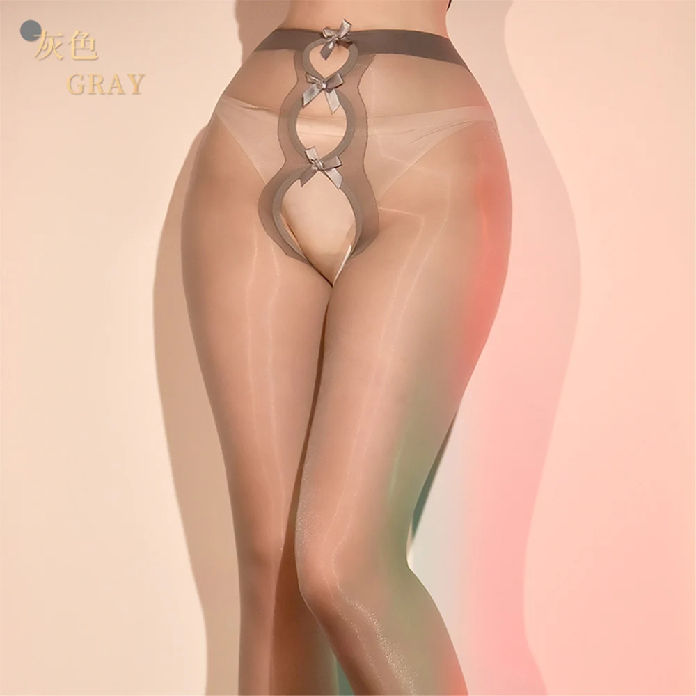 Sexy Women Thin Oil Shiny Glossy Pantyhose Bow Hollow Tights Stockings Open Crotch Allure Vintage Maid Shaping Exotic Underwear