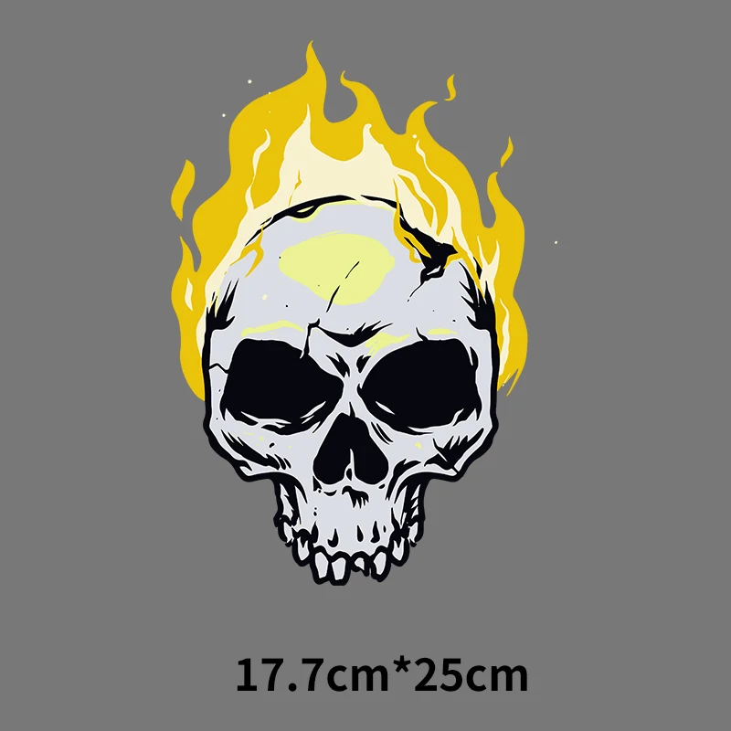 Motorcycle Punk Thermal Stickers For Clothes Skull flame Iron On Heat Transfers DIY Accessories Washable Applique Patches