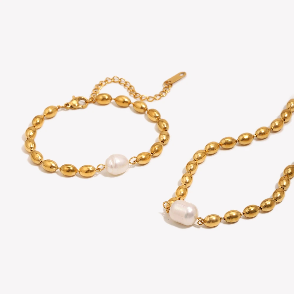 E.B.belle Oval Shape Stainless Steel Beads Freshwater Pearl Necklace Ladies Elegant Basic Beaded  Chain Necklace Jewelry