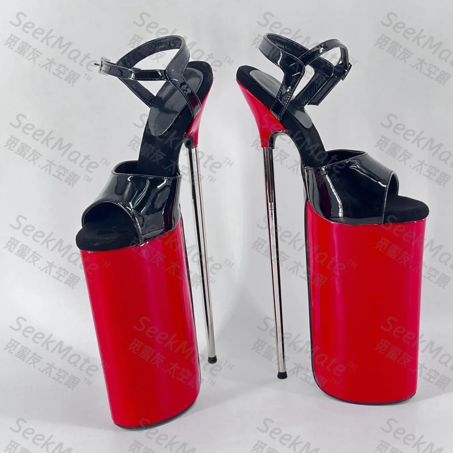 European and American New Ultra High Slim Heel 30 cm Steel Heel Red and Black Contrast Lacquer Leather Large Open Toe