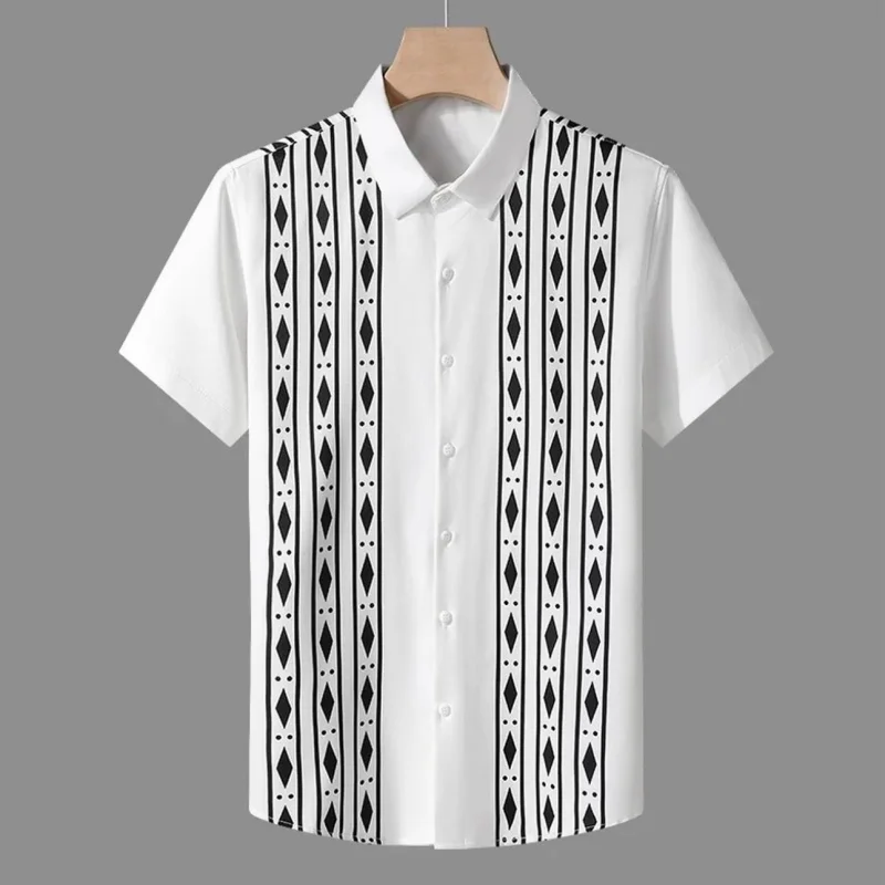 Men's shirt with geometric vertical print short sleeved shirt, casual lapel trendy shirt, summer vacation men's shirt XS-6XL