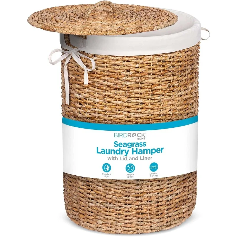 Seagrass Laundry Hamper with Lid & Liner - Handwoven Round Basket with Handles for Laundry/Dirty Clothes - Organizer, Storage