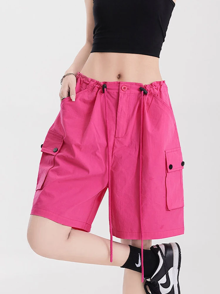 Zoki Punk Rose Color Cargo Shorts Women Y2K High Waist Streetwear Shorts American Vintage Loose Bf Harajuku Solid Pockets Shorts