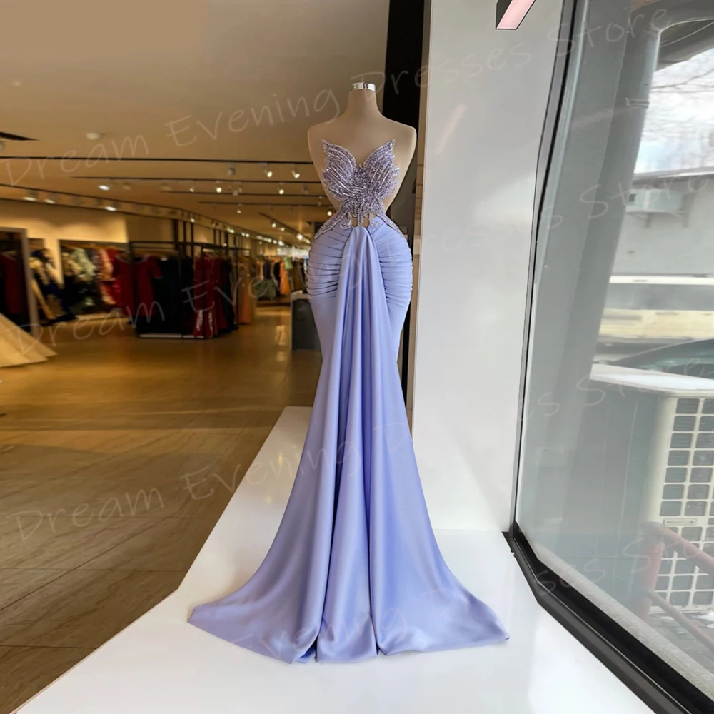 

Beautiful Purple Mermaid Elegant Women's Evening Dresses Charming Strapless Beaded Prom Gowns Formal Party Pleated Abiye Elbise