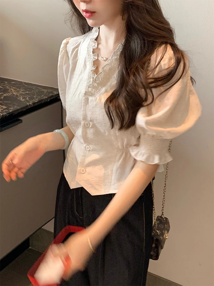 

Elegant Commuter Style Short Sleeve Women's Shirt Waist Cinched High Rise Chiffon Top Ladylike Petite Fashion Korean Loose Fit