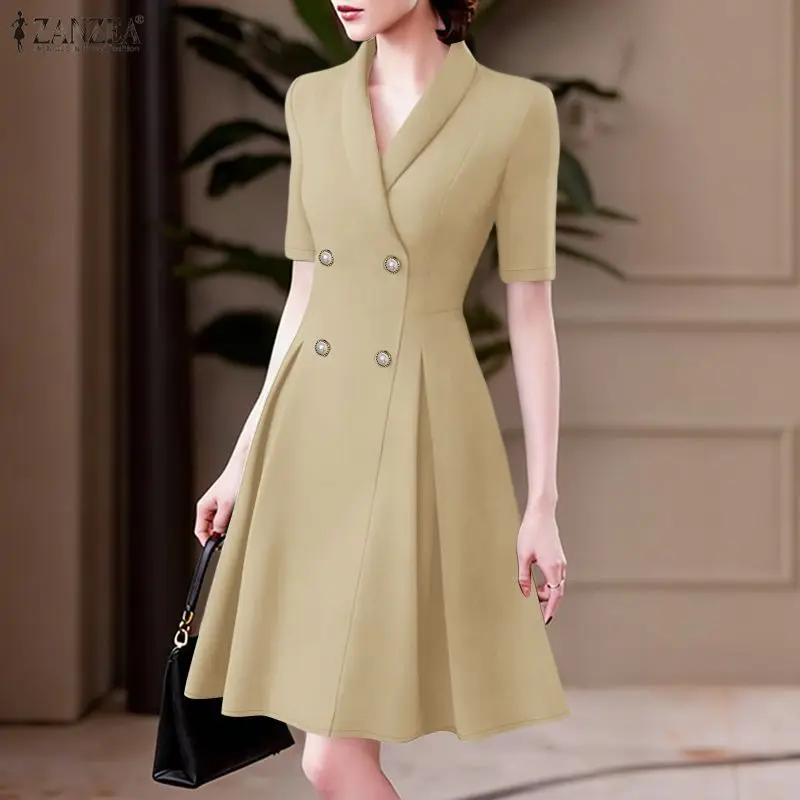 

Женские летние офисные платья ZANZEA 2026: Стильное вечернее платье с V-образным вырезом и коротким рукавом, двубортный сарафан с завышенной талией, однотонное.