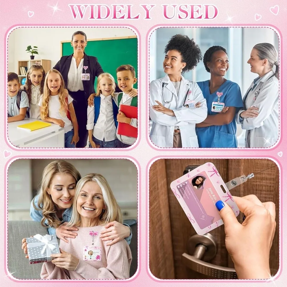 New Bow Print ID Badge Holder 360° Rotating ABS Name Tag Holder Horizontal Retractable Card Holder School Office Supplies