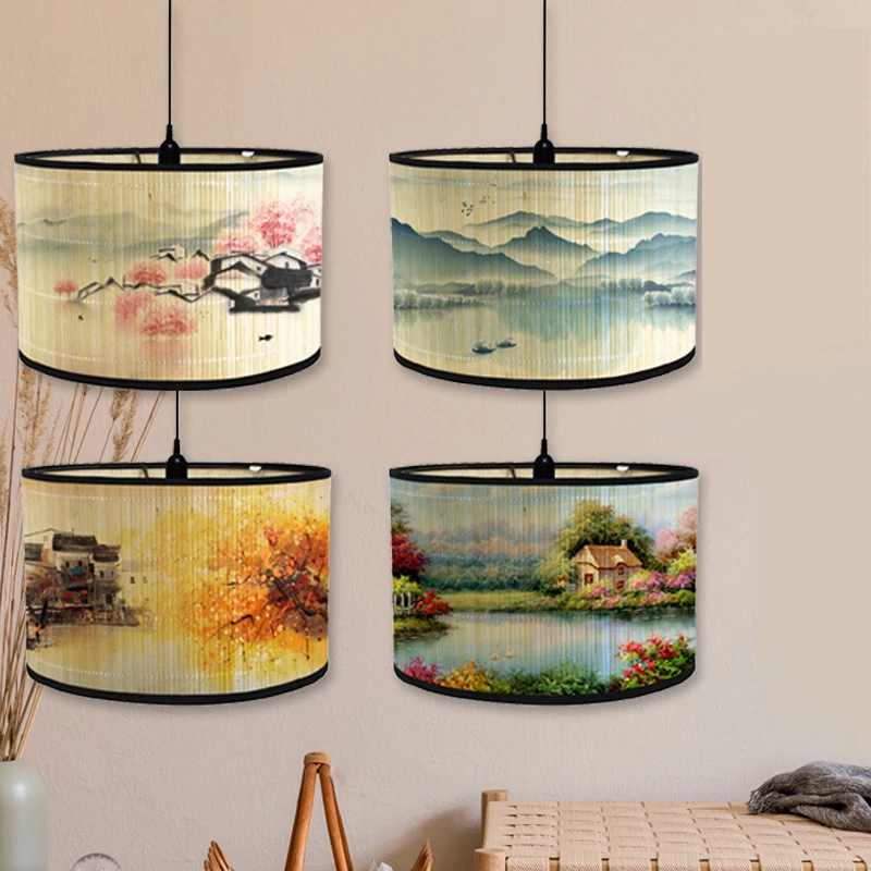 Japanese Style Landscape Painting Lamp Shade Bamboo Braided Light Cover Chandelier Wall Lamp Lampshades Bamboo Art Light Shade