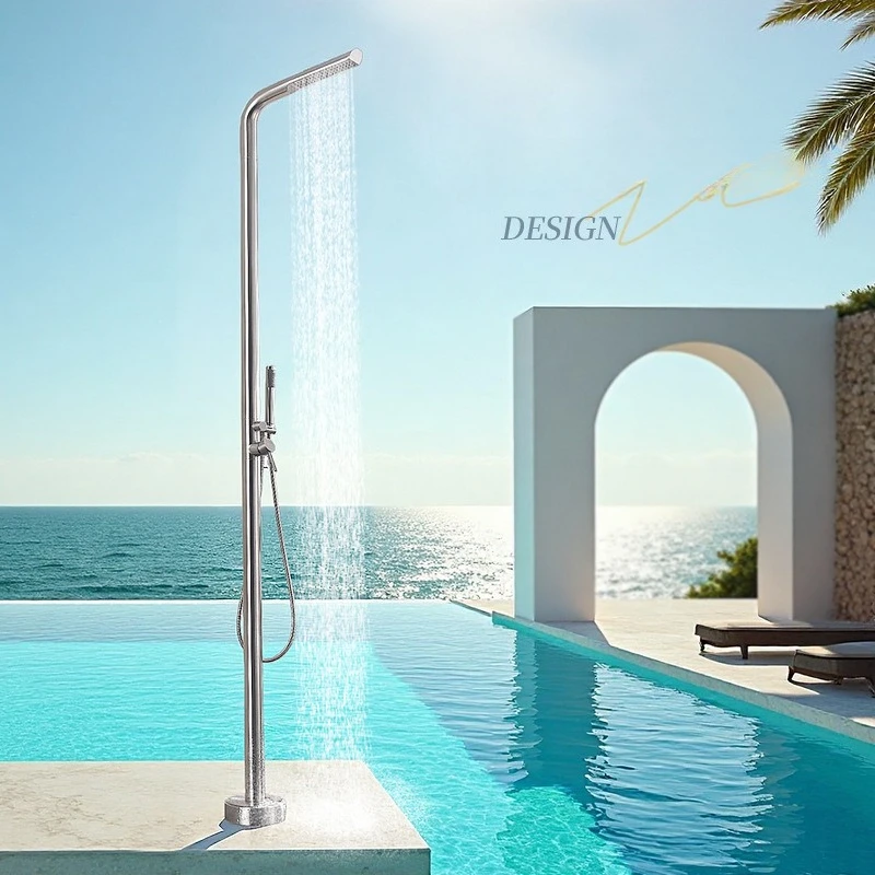 Vertical Outdoor Floor Standing Faucet with High-End Stainless Steel Shower Head Beach Hot and Cold Shower Column Set
