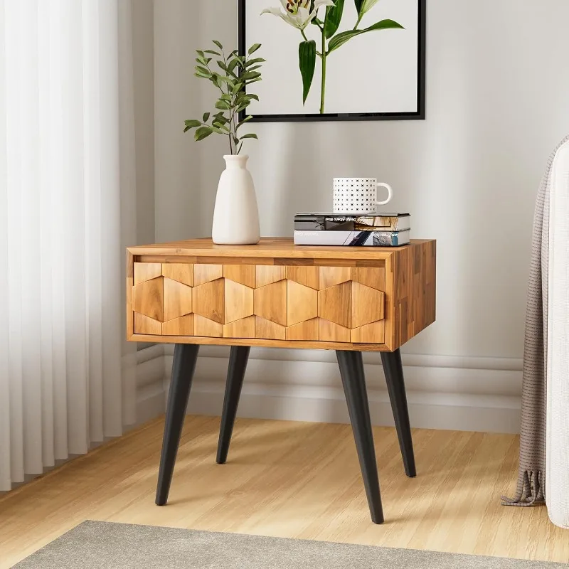 Georgina Solid Wood Nightstands with Drawers - Fully Assembled Rustic Geometric Pattern Bedside Cabinetm