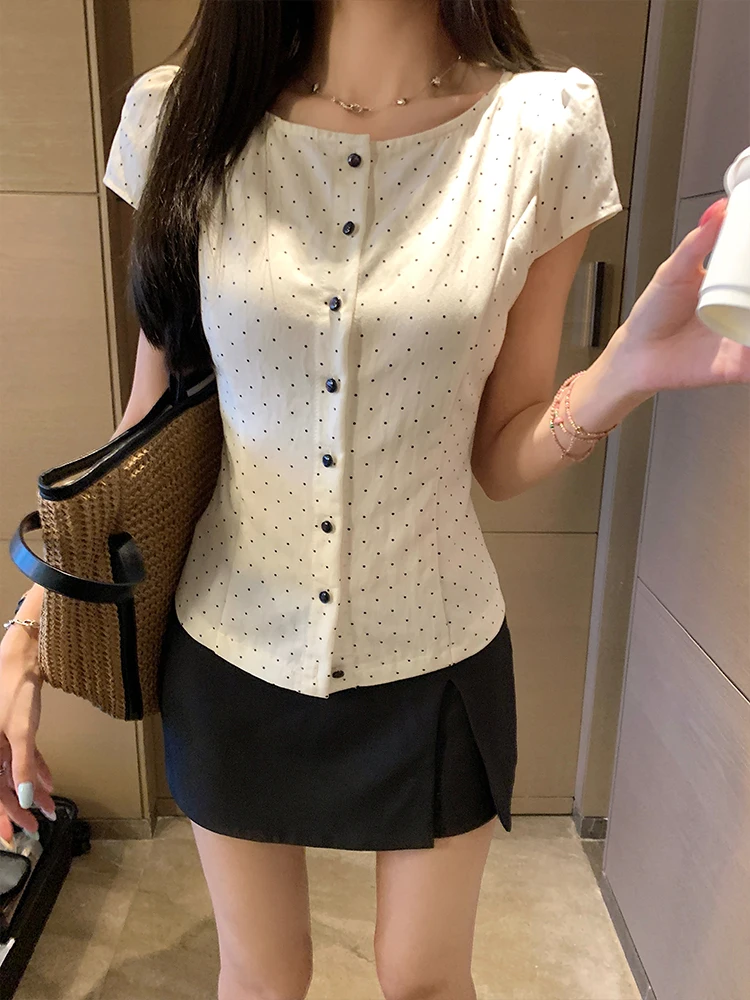 MosesQueen Queen Moses Polka Dot Bubble Sleeve Short Sleeve Shirt New Style Summer Women's T-shirt Standard Fit Casual Wear