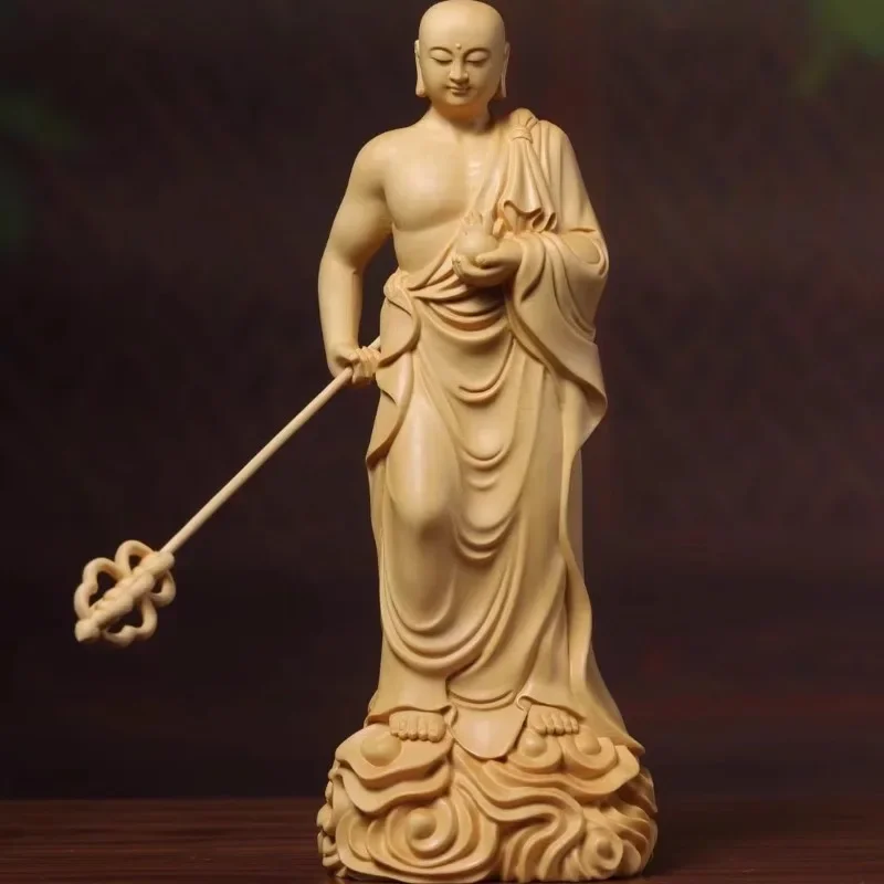Hinoki Wood Hand Carved Ksitigarbha Dizang Bodhisattva Standing Statue Figurine w/ Staff Jewel - Spiritual Ornament Home Temple