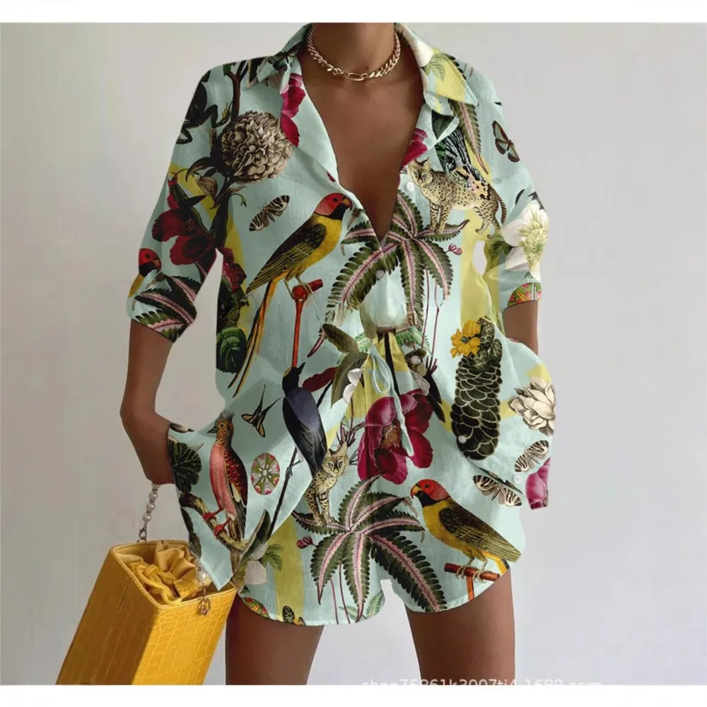 

Seaside Vacation Shorts Suit Short-sleeved Lapel Boho Shirt Top+Shorts 2-piece Set Women Fashion Summer Floral Print Suit Female
