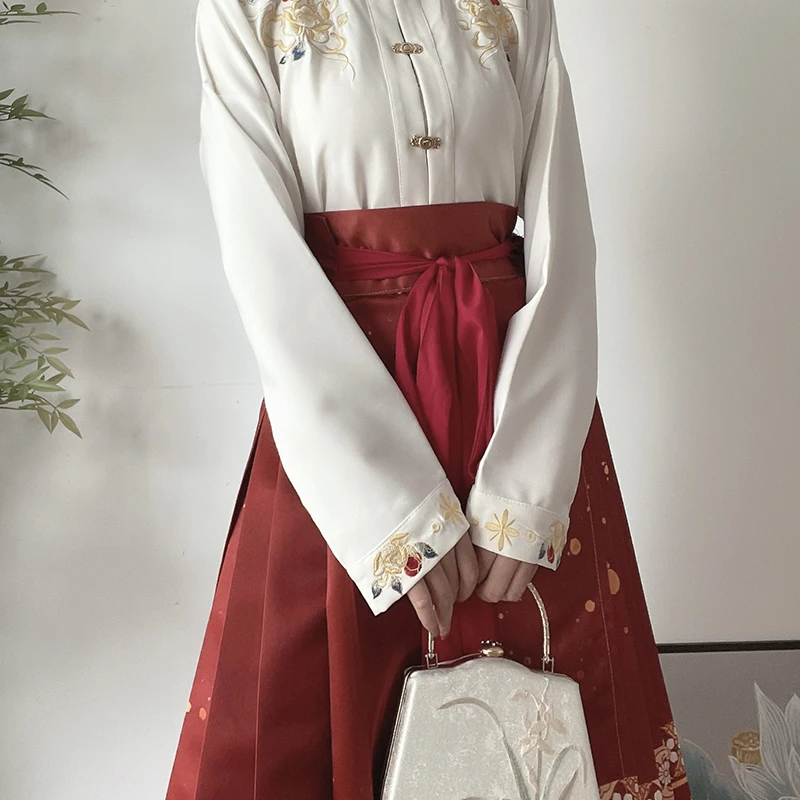 Hanfu Horse Face Skirt Women\'s Traditional Chinese Retro Hanfu Pleated Skirt Red Blue Black Beige Shirt+Skirt Set