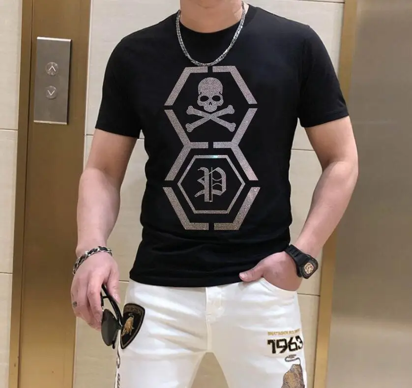 S-6XL Fashion  Anime  T-Shirt  Rhinestones   Casual Men  Diamonds Design Fabric Soft Comfortable  Top Tees