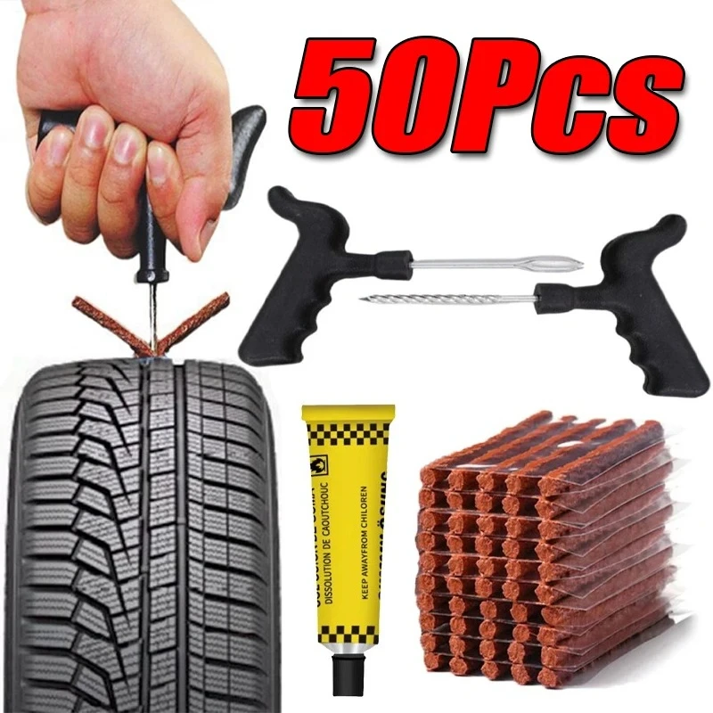 Kit de Ferramentas para Reparo de Pneus de Carro com 5-50 Peças, com Tiras de Borracha para Reparo de Pneus Sem Câmara, Ferramenta de Reparo de Pneus a Vácuo para Motocicletas e Caminhões