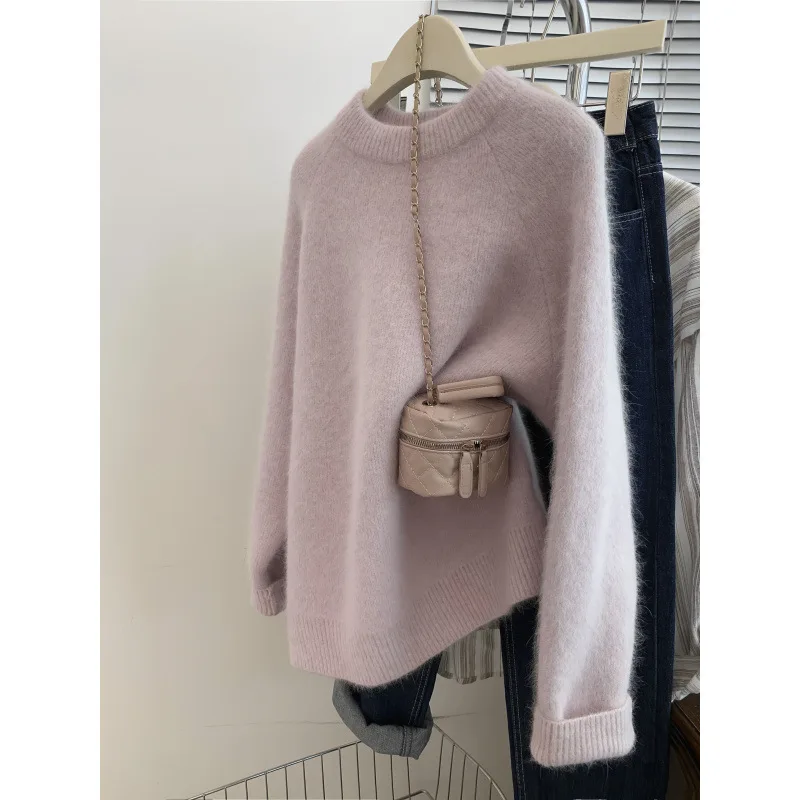 Maglione lavorato a maglia morbido grigio da donna autunno inverno top a maniche lunghe allentato nuovo cappotto caldo pullover semplice con scollo a O in tinta unita