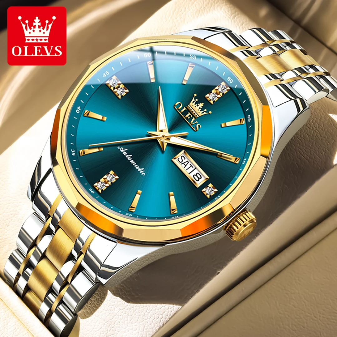OLEVS 7056 기계식 패션 시계 선물 스테인레스 스틸 시계 밴드 라운드 다이얼 손목 시계 주 표시 달력 빛나는