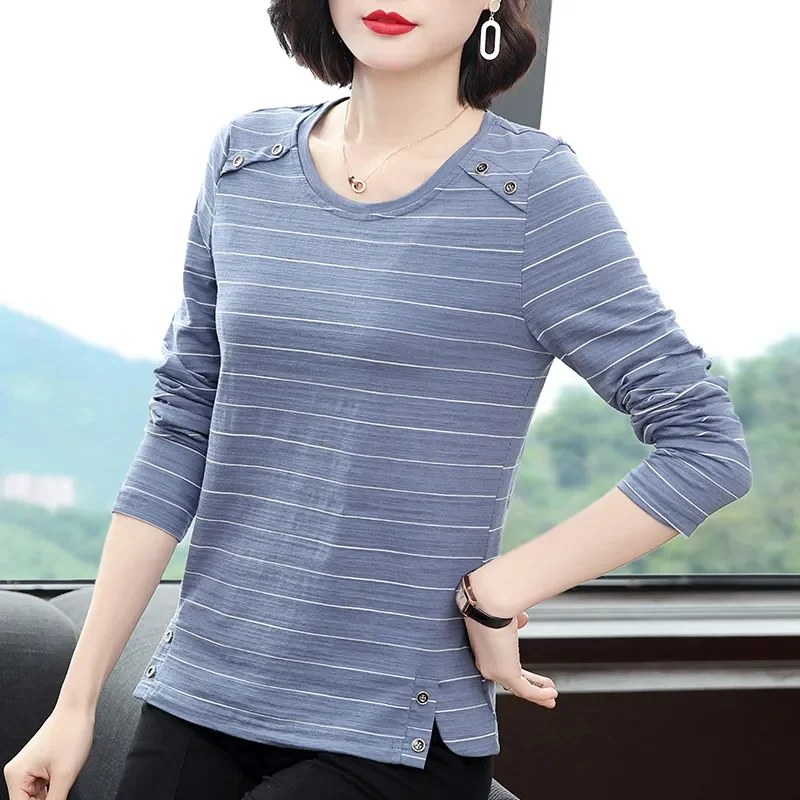 

Striped T-shirt Long-sleeved 2025 Spring and Autumn New Loose Cotton Bottoming Top