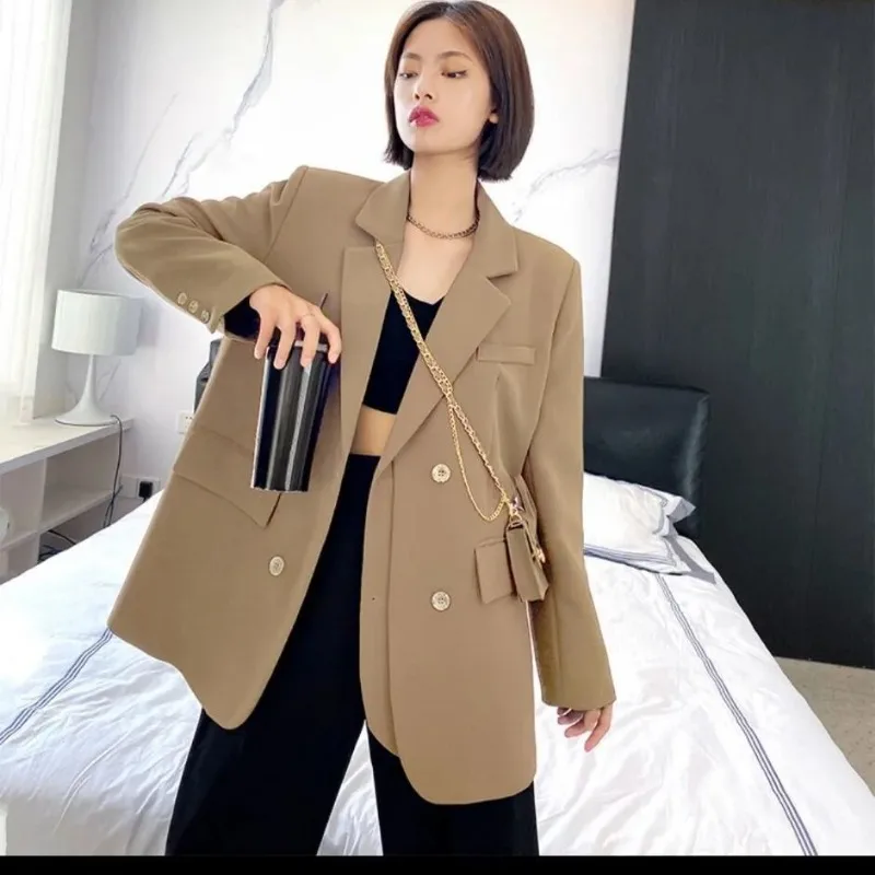 

Women's Olive Green Oversized Double Breasted Blazer Notched Lapel Padded Shoulder Casual Suit Jacket with Pockets