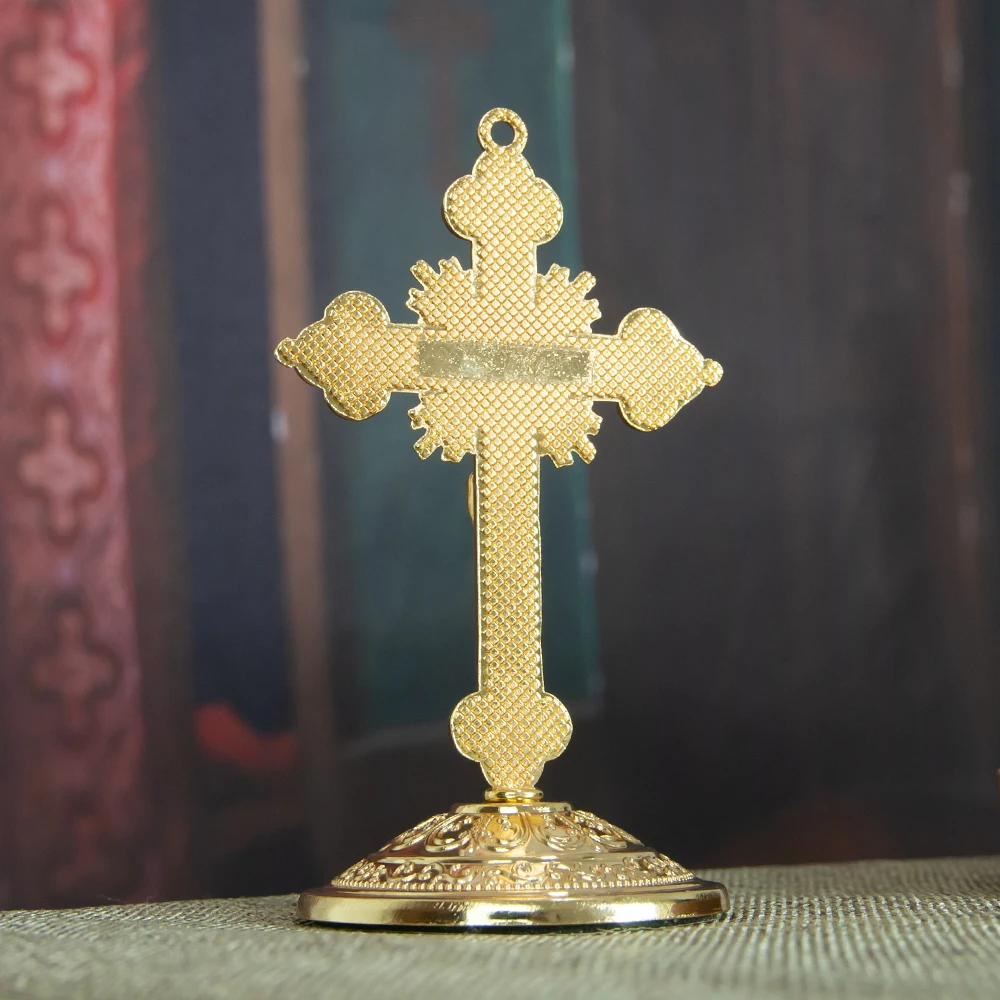 Zinc Alloy Gold Plated Cross Christian Decoration Catholic Church Cross With Stand Religious Cross Religious Craft Gift With Box