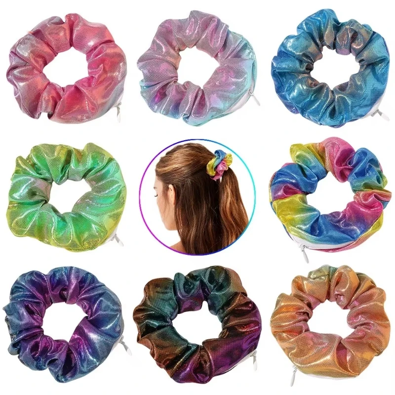 Hidden Safe Compartment Rainbow Hair Scrunchie ⁣⁣⁣⁣Hair Tie Laser Cloth With Zip Stash Pocket For Woman Travel Safe Storage