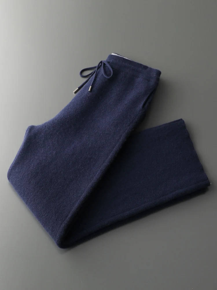 Chic Men's Wide-Leg Pants Thick 100% Cashmere Light Soft Autumn Winter Fashion Lace-Up Basic Solid Casual Loose Bottoms
