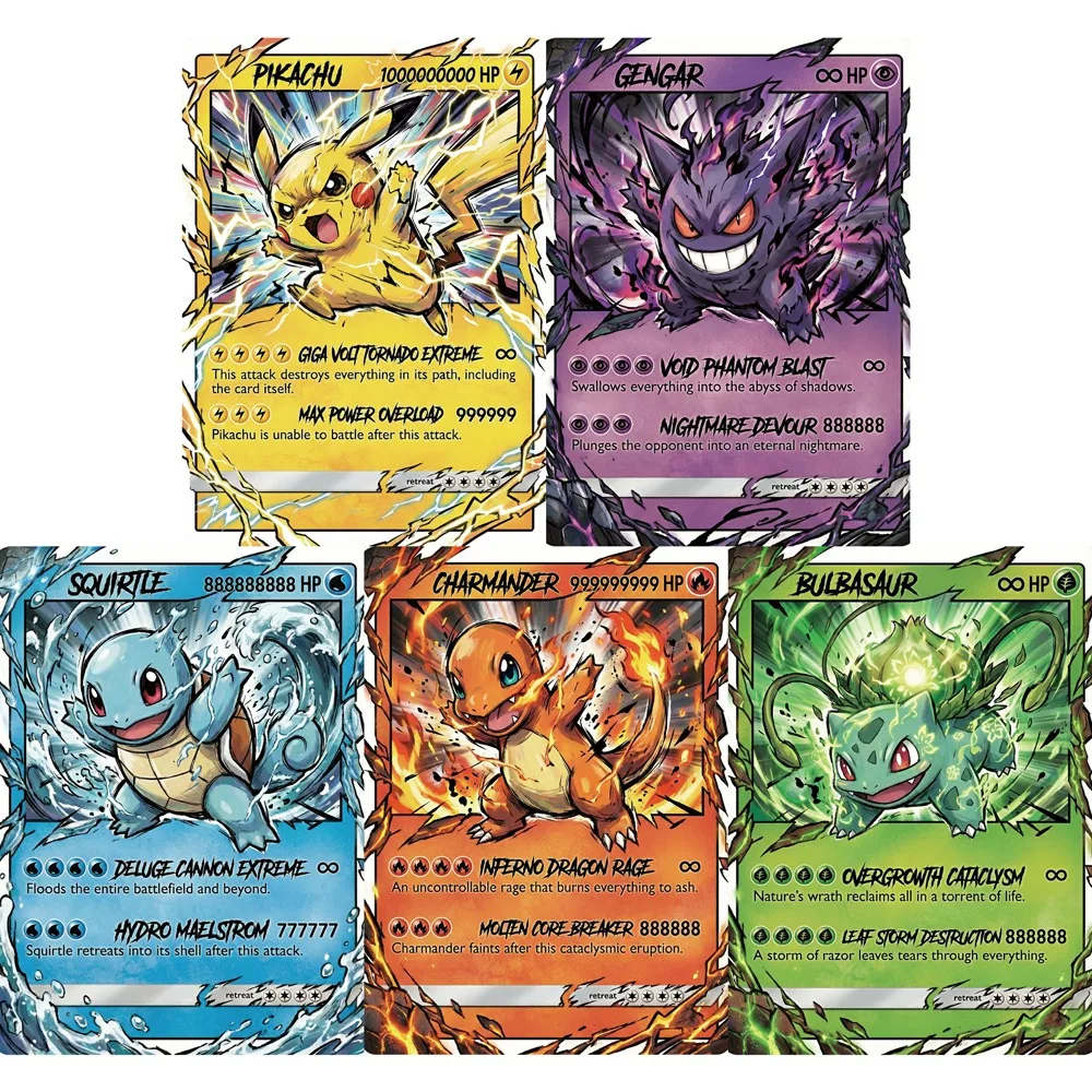 5-cartas-pokemon-estilo-impacto-gengar-charmander-squirtle-bulbasaur-cartas-raras-holo-ptcg-para-colecao-e-presente