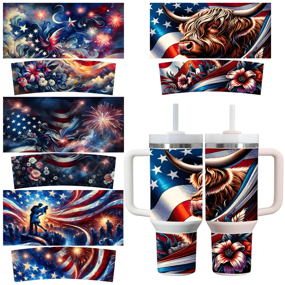 4 Pack Cartoon Style UV DTF 3D Wall Stickers American Flag Bull Floral Star Patterns Waterproof for 40oz Tumblers DIY Decoration