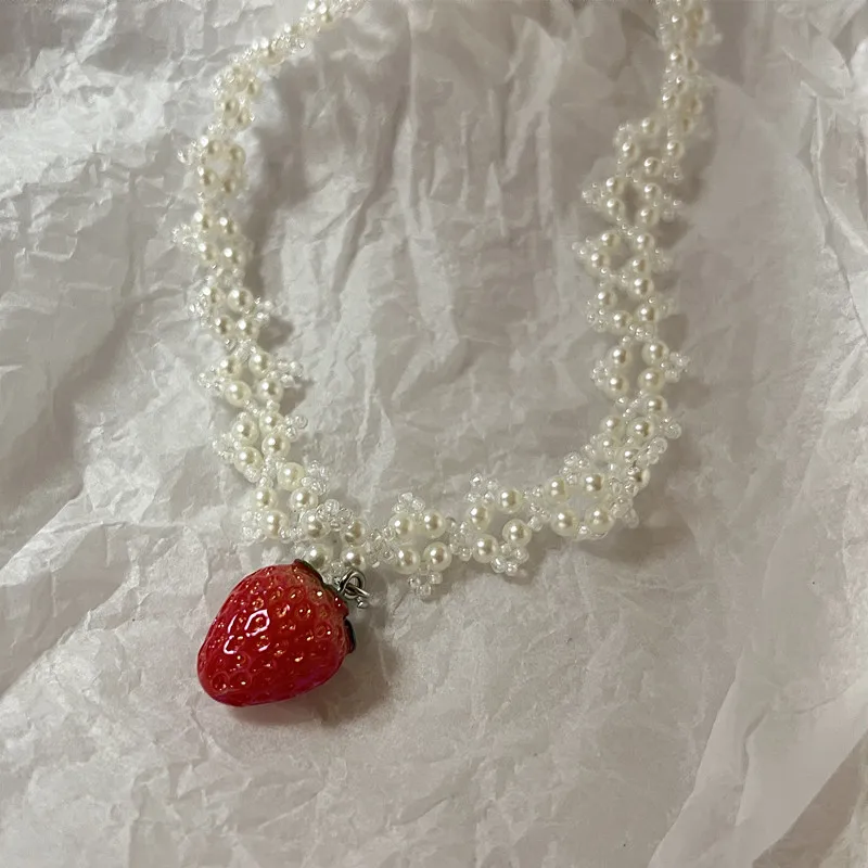 Handmade love necklace, sweet romantic pearl strawberry pendant necklace lovely necklace cute necklace necklace for women y2k