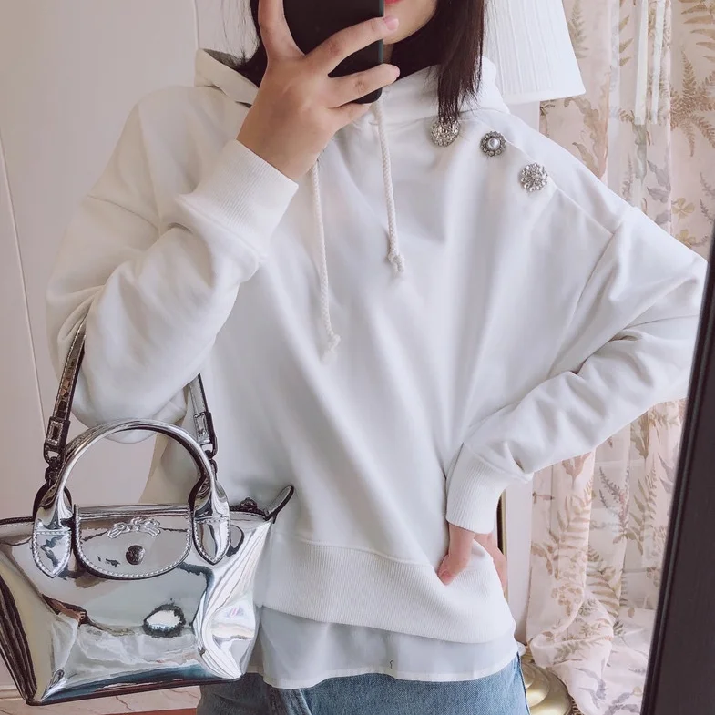 White Pure Cotton Jumper Fashion Pullover Commuter Hot Rhinestone Shining Hooded Sweatshirt Black Hoodie Woman