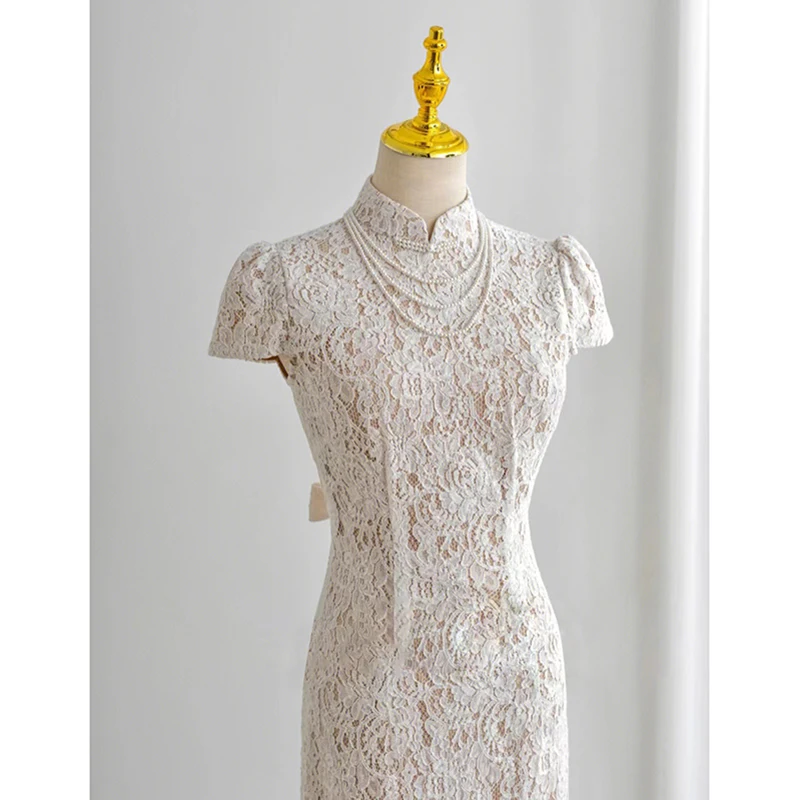 

White Lace Qipao Dr Engagement Par Wedding Dr Long Evening Gown Vintage Sle Zipper ort Sve Pearl Embellied