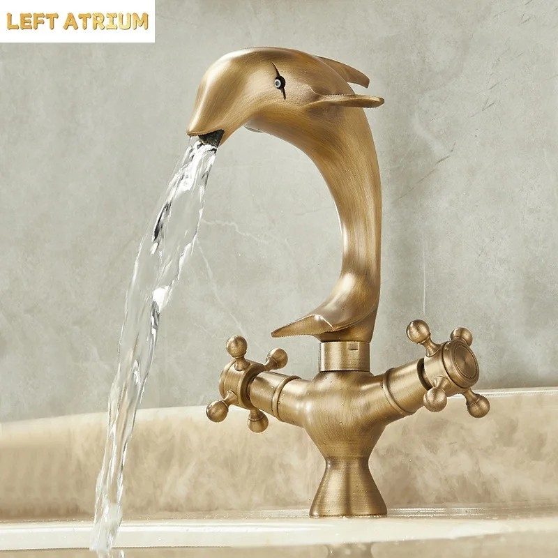Antique Dolphin shape Brass Faucet Bathroom cabinet counter Basin Cold and Hot Double handle Faucet splash-proof